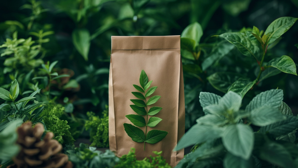 A kraft paper bag with a green leaf attached, displayed in a lush natural environment.